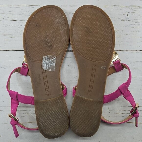 Tommy Hilfiger 8.5 Pink Faux Leather Gold Logo Thong Slingback T-Strap Sandals - Picture 8 of 9